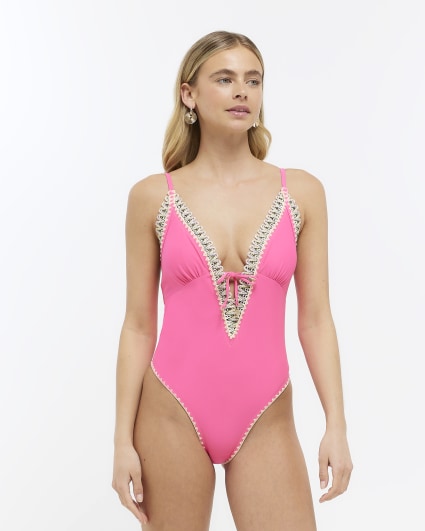Pink woven detail plunge swimsuit
