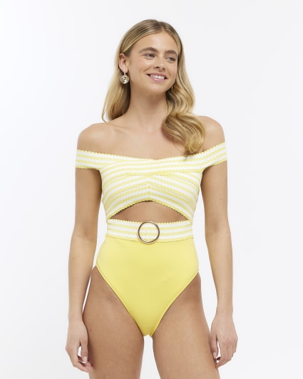 Yellow bardot cut out swimsuit