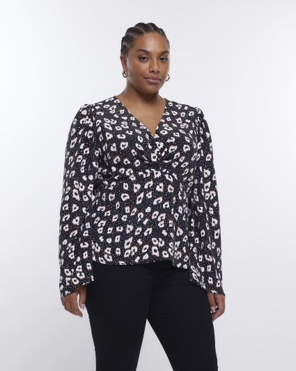 Plus black spot long sleeve blouse