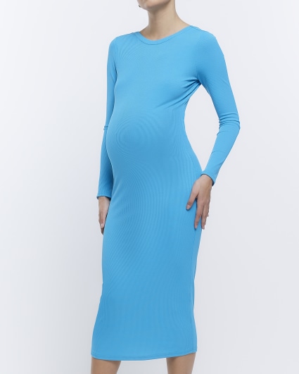 Blue maternity rib bodycon midi dress
