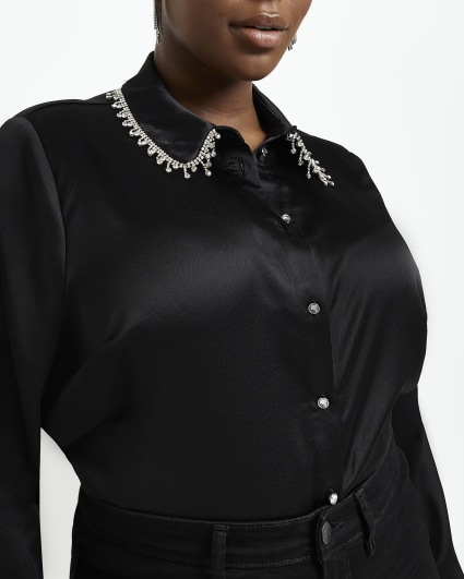 Plus black satin embellished shirt