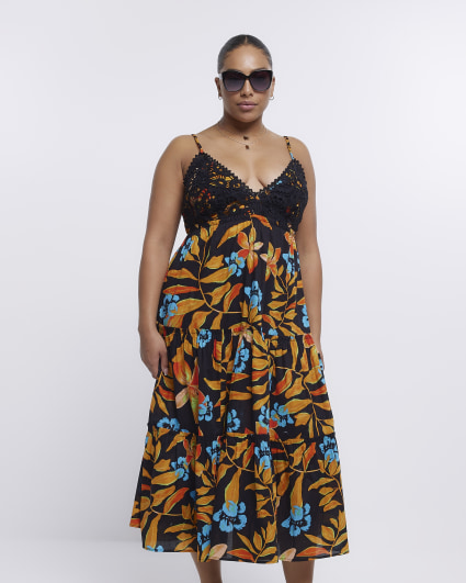 Plus black floral beach midi dress