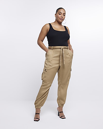 Plus beige belted cargo trousers