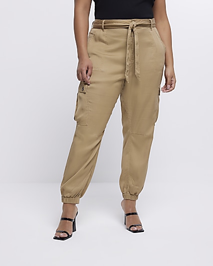Plus beige belted cargo trousers