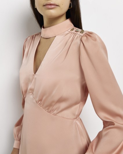 Pink satin high neck cut out blouse