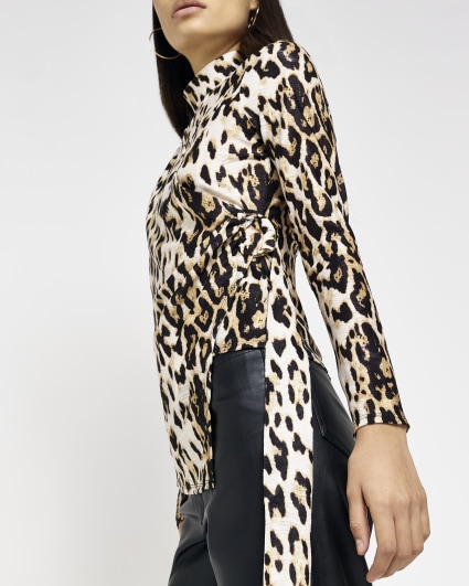 Brown leopard print asymmetric blouse