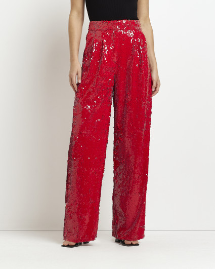 Red sequin wide leg trousers