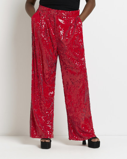 Plus red sequin wide leg trousers