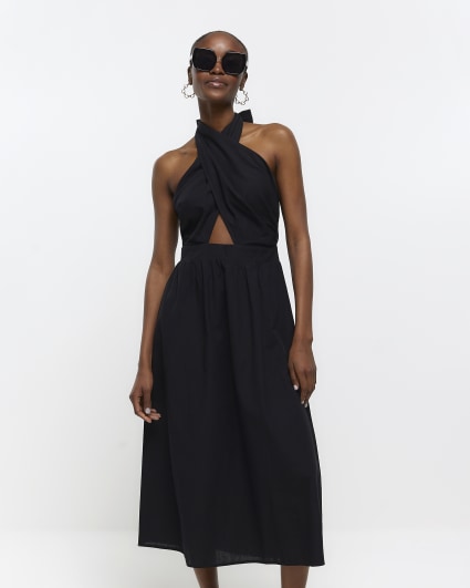 Black linen halter neck midi dress