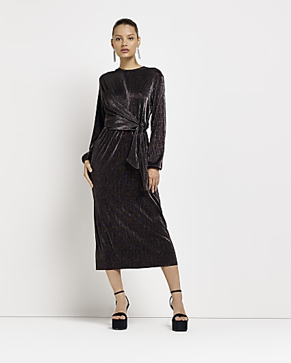 Black metallic plisse bodycon midi dress