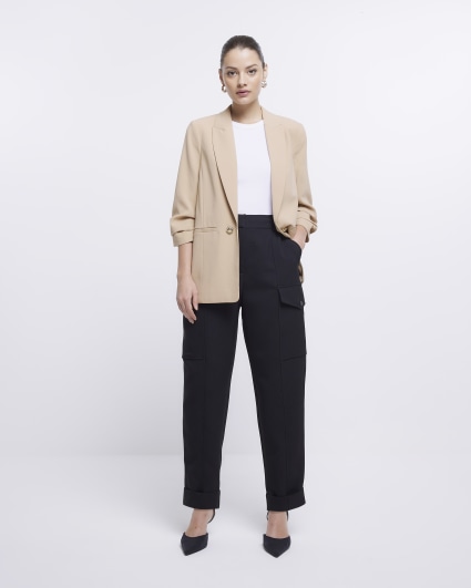 Beige Ruched Sleeve Blazer