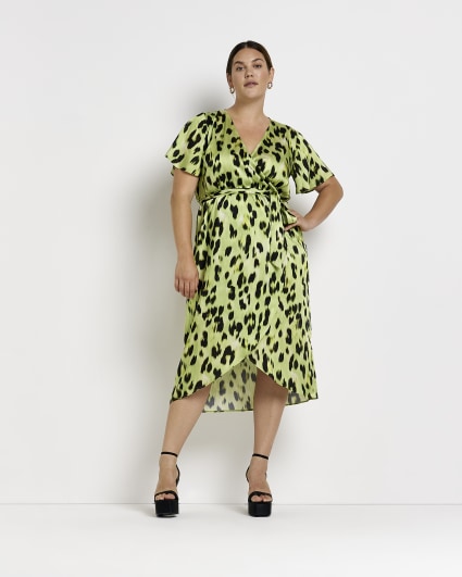Plus yellow leopard print wrap midi dress