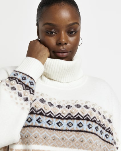 Plus cream print knit embellished jumper