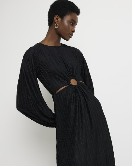 Black plisse long sleeve midi dress