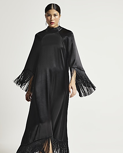 Black RI Studio satin fringe maxi dress