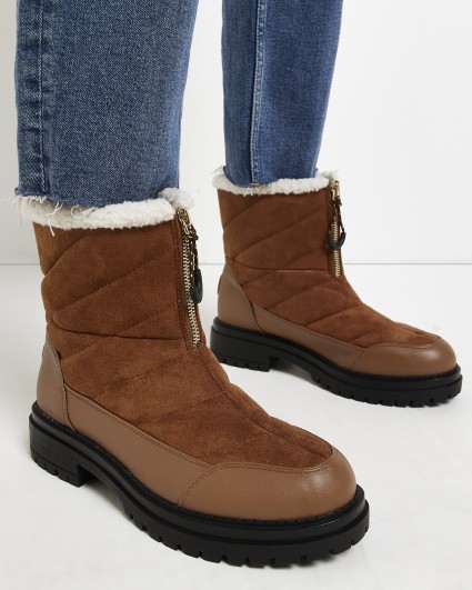 Brown wide fit borg lined ankle boots