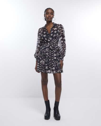 River Island satin jacquard tie waist mini shirt dress in black