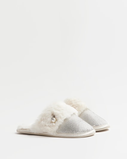 Cream diamante faux fur slippers