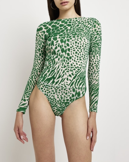 Green leopard print devore bodysuit