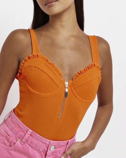 Petite orange frill bodysuit