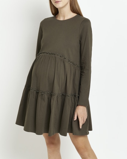 Maternity khaki long sleeve frill mini dress