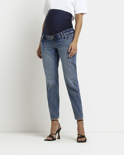 Blue mid rise maternity mom jeans