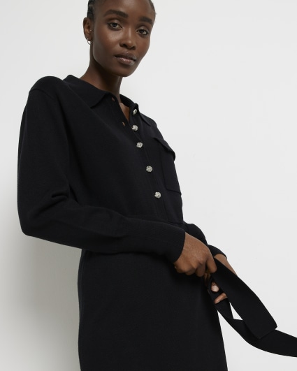 Black knit belted jumper midi dress