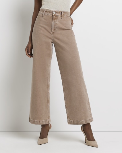 Beige cropped high waisted straight leg jeans