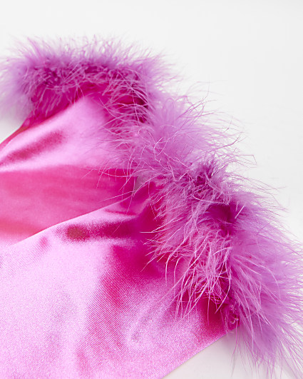 Pink satin feather trim long gloves