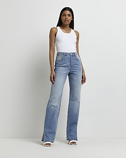 Blue high waisted straight leg jeans