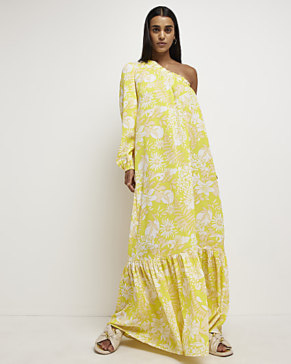 Yellow floral one shoulder maxi dress