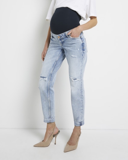Blue ripped mid rise maternity mom jeans