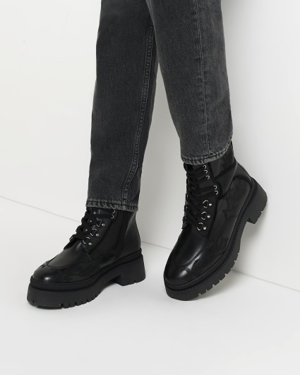 Black leather embroidered ankle boots
