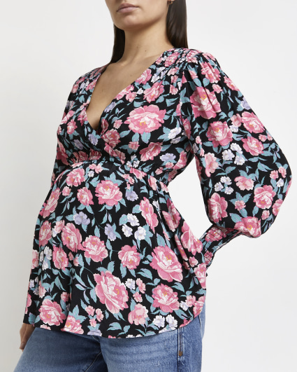 Black floral maternity wrap top