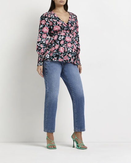 Black floral maternity wrap top