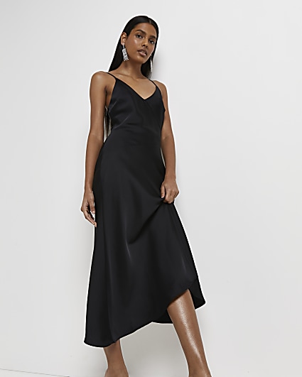 Black asymmetric slip midi dress
