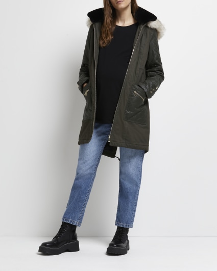 River Island faux fur lined parka jacket in khaki