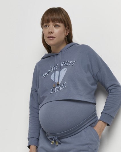 Blue graphic cropped maternity hoodie