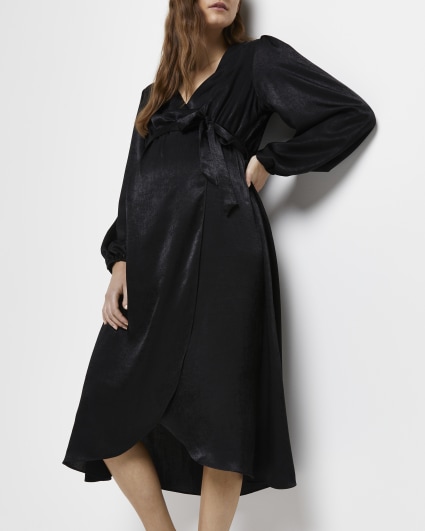 Maternity black satin wrap midi dress