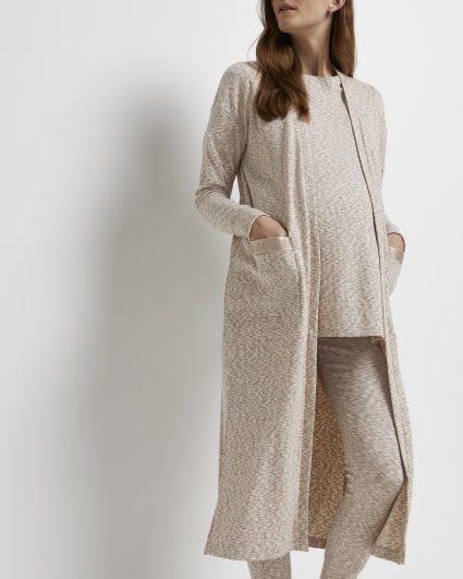 Beige space dye print maternity maxi cardigan