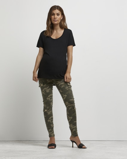 Khaki camo print maternity cargo trousers