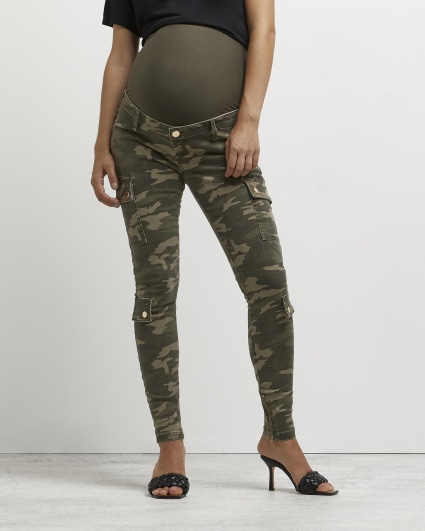 Khaki camo print maternity cargo trousers