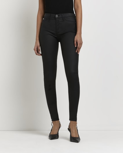 Black high waisted coated cargo skinny jeans