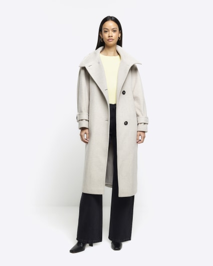 Beige funnel neck longline coat