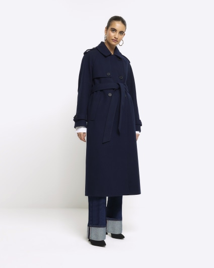 Navy belted longline trench coat