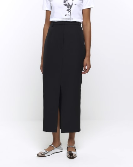Black front split pencil midi skirt