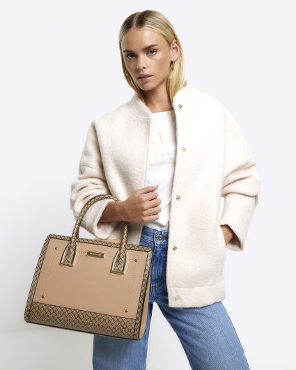 Beige RI monogram structured tote bag