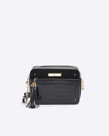 Black croc embossed chain cross body bag