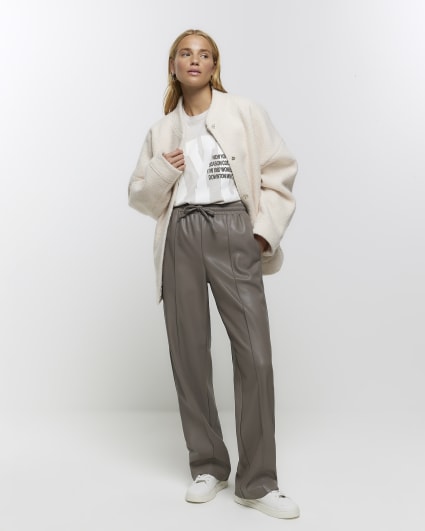 Grey faux leather wide leg trousers