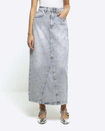 Grey embellished denim maxi skirt
